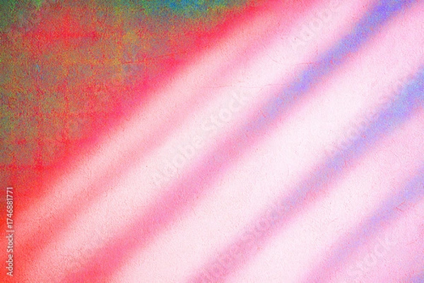 Fototapeta Diagonal shadows cast colorful patterns on a textured wall. Soft hues of pink, red, and blue create a vibrant and dynamic composition.AI generated.