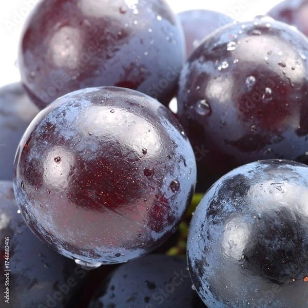 Fototapeta A close-up shot features ripe, dark-purple spheres with glistening water droplets on their surfaces, contrasting with a white background