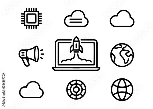 Obraz Technology and Cloud Computing Icons Set startup rocket