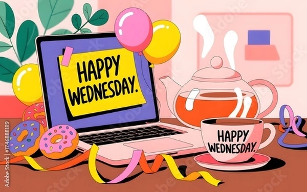 Fototapeta Happy wednesday cozy desk scene with tablet sticky note greeting, steaming teapot and cup, colorful balloons, donuts, potted plants and notebook on wooden table for lifestyle and social media use
