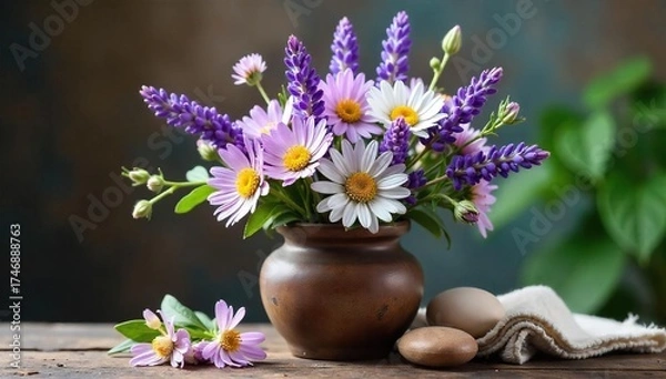 Obraz Serene Lavender and Chamomile Floral Arrangement in Rustic Vase Spa Wellness Still Life Photography