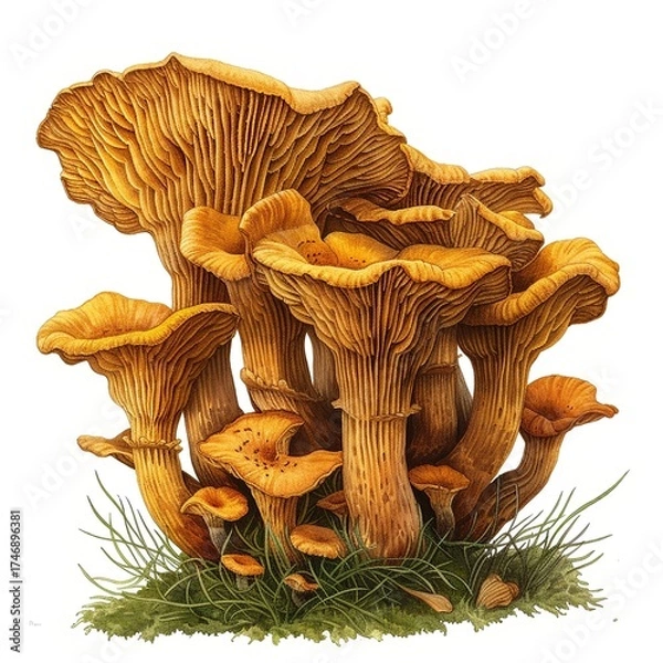 Fototapeta Textile image of mushrooms growing in a family. Tapestry on a white background.