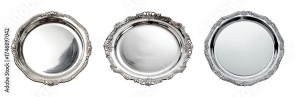 Fototapeta Elegant antique silver serving platters with ornate details, illuminated by studio light for a luxurious feel, PNG set with transparent background