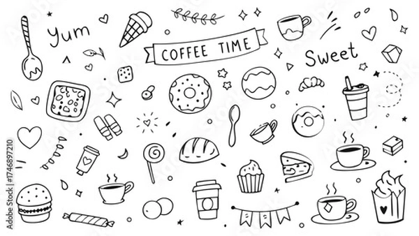 Fototapeta Doodle simple elements. Cute line coffee cups, croissants, donuts, utensils, plates, tea bags, desserts. Vector sketch hand drawn set