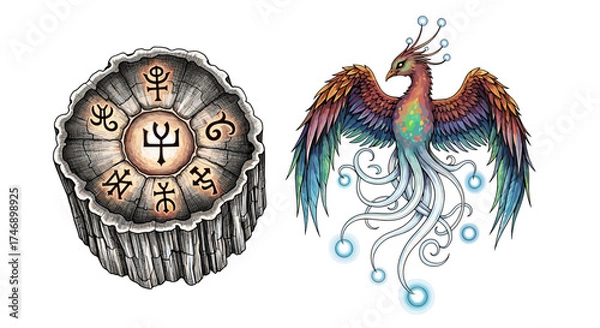 Fototapeta Mystical Phoenix and Carved Wood: A Fantasy Art Composition