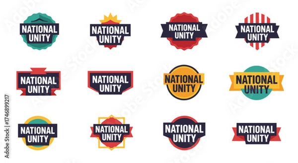 Fototapeta A collection of various National Unity badge designs, featuring diverse shapes, colors, and decorative elements, suitable for patriotic and community-focused branding.