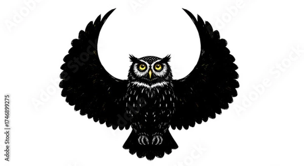 Fototapeta Majestic owl illustration with intricate black and white feather details.