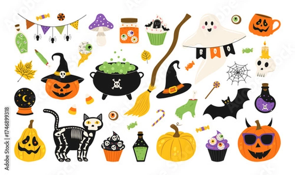 Fototapeta Spooky set of Halloween stickers. Big set of clipart: pumpkins, a cat skeleton, a ghost, a bat, a magic cauldron, cupcakes, witch broom, poison, zombie hand, finger dessert. Vector flat illustration.