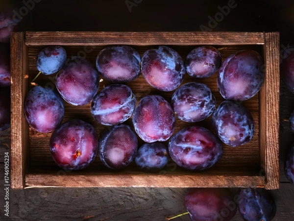 Fototapeta A wooden crate filled with ripe plums. The plums are a mix of dark purple and reddish hues.