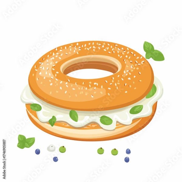 Fototapeta Delicious Freshly Baked Bagel with Cream Cheese and Green Herbs, a Healthy Breakfast or Snack Option Illustrated