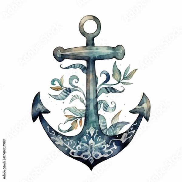 Fototapeta A sea anchor wrapped in a rope is depicted in watercolor on a white background.