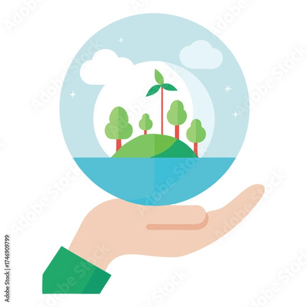 Fototapeta Human Hand Holding a Transparent Globe with Miniature Forests and Wind Turbines Inside, Symbolizing Sustainability and Environmental Care in Flat Vector Style