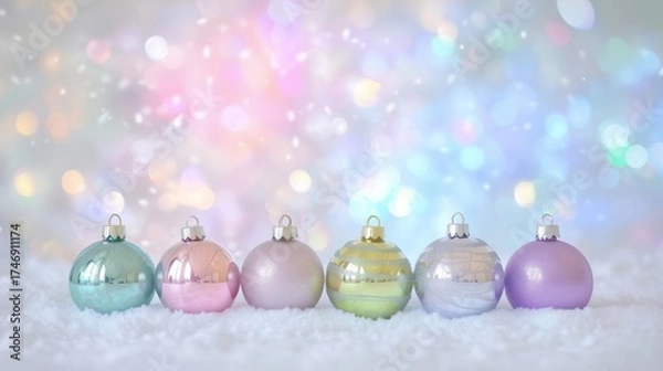 Fototapeta Pastel christmas ornaments arranged in snow with soft bokeh lights create a peaceful festive scene full of color, elegance, and winter holiday charm.
