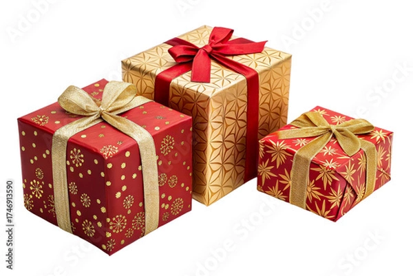 Fototapeta Three decorated gift boxes with gold ribbon ties