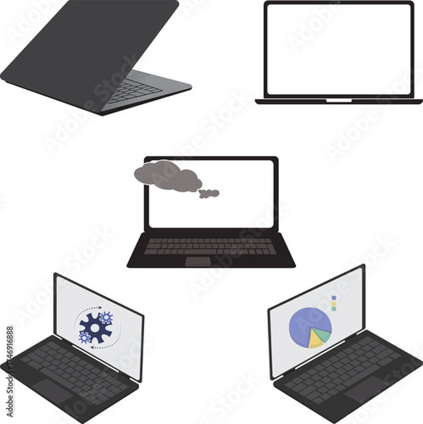 Obraz Flat Laptop Vector Set - Cloud, Analytics, and Configuration Screen Icons in Minimal Black and Grey Design