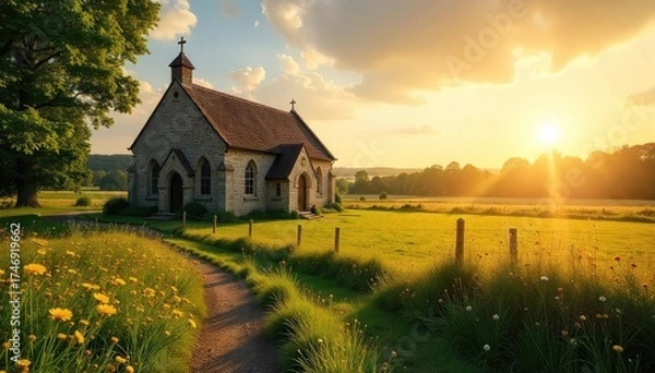 Obraz A serene English countryside church, bathed in golden sunlight, stands as a testament to centuries of Christian faith and heritage The idyllic scene evokes peace and tranquility , cross, idyllic