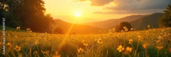 Obraz A serene landscape bathed in golden sunlight, symbolizing peace and blessings after a religious service Perfect for concepts of faith, hope, and spiritual renewal , benediction, serenity