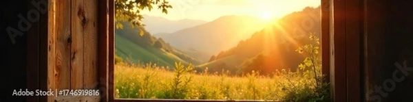 Obraz Serene Landscape Seen Through Rustic Window Sunlight, Dust Motes, and Tranquil Hills. Perfect for Home Decor, Travel, and Nature Projects.
