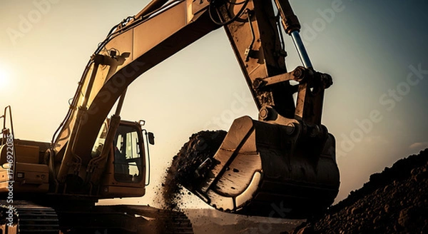 Fototapeta escavator sistemhydraulic, system, mining, shovel, excavator, escavator machinery, engineering, industrial, industry, mechanical, metal, piston, hose, grease, oil, fluid, power, heavy, construction, 