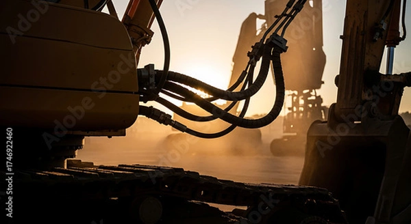 Fototapeta escavator sistemhydraulic, system, mining, shovel, excavator, escavator machinery, engineering, industrial, industry, mechanical, metal, piston, hose, grease, oil, fluid, power, heavy, construction, 