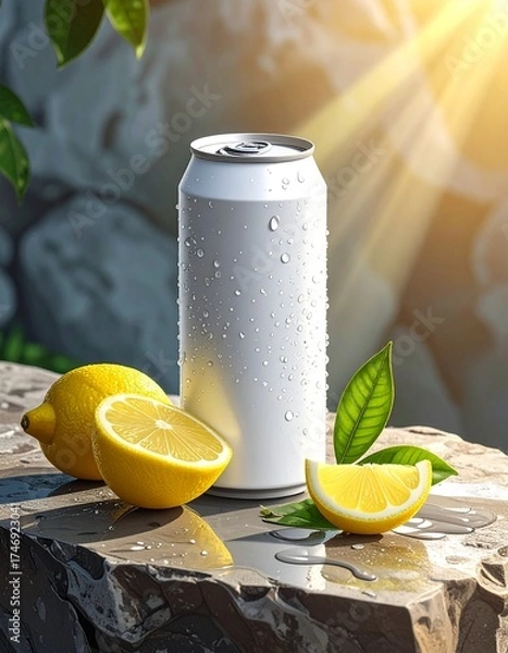 Fototapeta Chilled Can Mockup With Lemon and Tea on Wet Stone