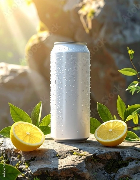 Fototapeta Chilled Can Mockup With Lemon and Tea on Wet Stone