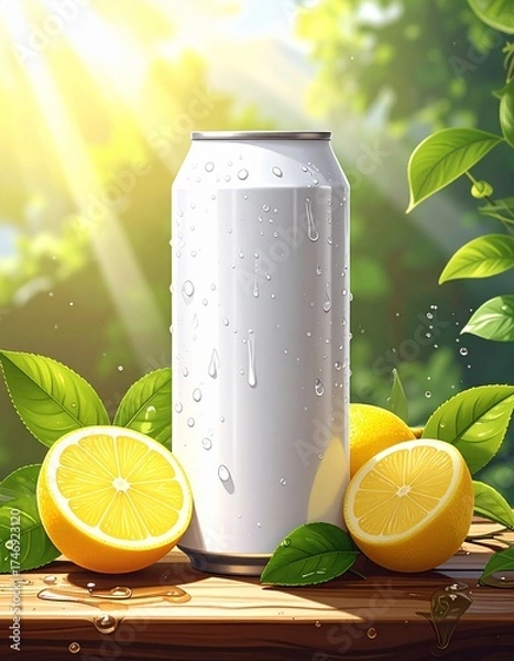 Fototapeta Chilled White Can With Lemon and Tea on Wooden Table