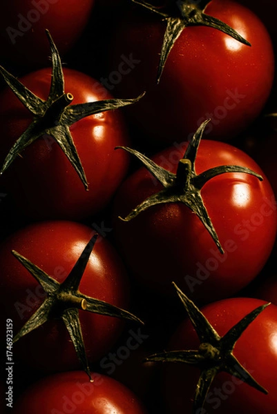 Fototapeta fresh ripe red tomatoes with green stems on dark background showing organic healthy vegetables and natural food produce texture