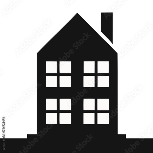 Fototapeta Vector art of black and white silhouette of a house with four windows
