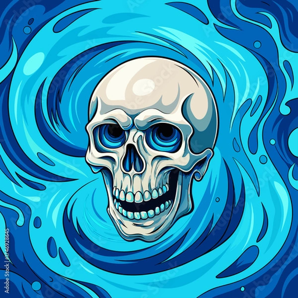 Fototapeta Vector art of skull with blue eyes and water swirl background in cartoon illustration