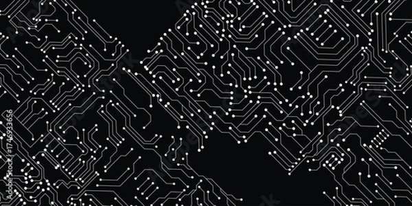 Fototapeta Minimalistic technology background. White circuit lines and electronics elements on black backdrop. Digital circuit board with electronic system for hi-tech banner design. Vector illustration.