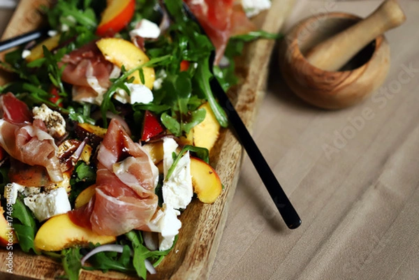 Fototapeta Arugula, Prosciutto, and Peach Salad