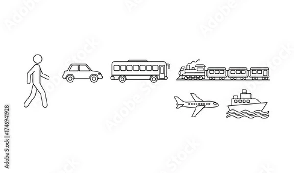 Fototapeta Collection of simple line art icons representing different modes of transportation