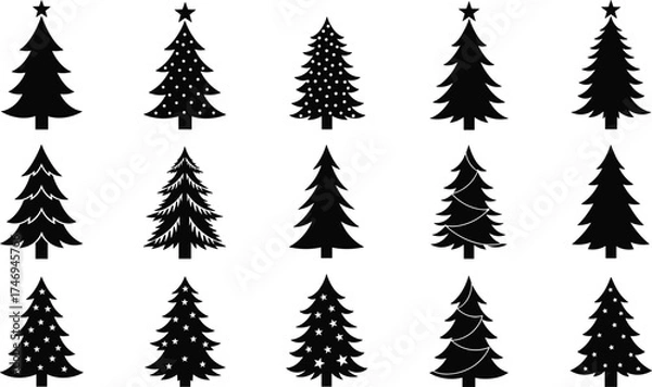 Fototapeta Christmas tree silhouette set with varied shapes, decorations, and star toppers for festive, seasonal, and holiday vector illustration design