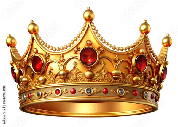 Fototapeta Ornate golden royal crown adorned with precious red gemstones and intricate detailing against a dark background