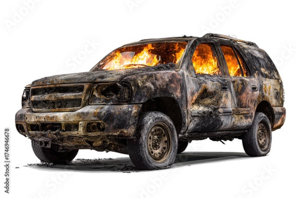 Fototapeta Burning suv vehicle with flames visible through windows on white background