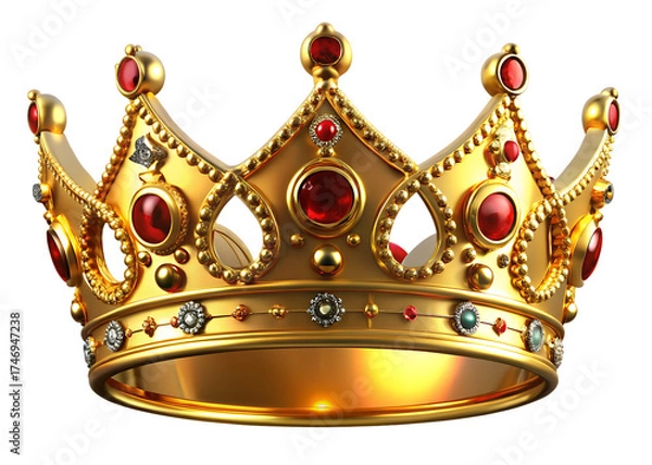 Fototapeta Ornate golden royal crown adorned with red and blue jewels on a black background