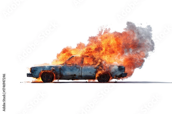 Obraz Car engulfed in flames and smoke against a plain background