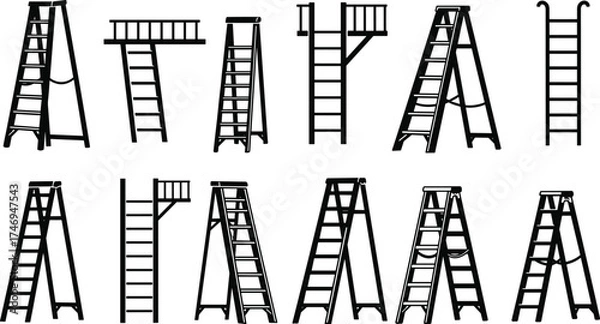 Fototapeta Silhouettes of various ladder types—step, extension, platform, and vertical—for construction, safety, industrial use, and vector illustration design