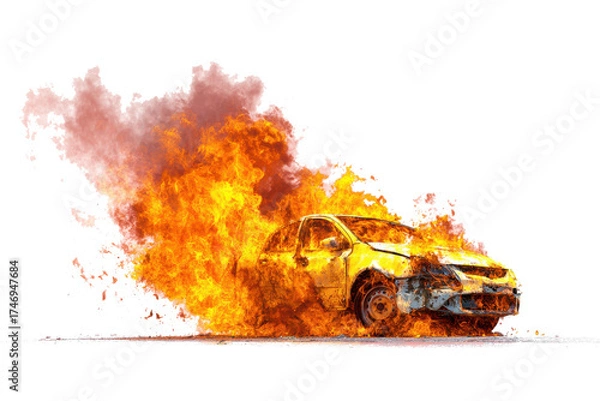 Obraz A yellow car engulfed in flames and smoke against a white background