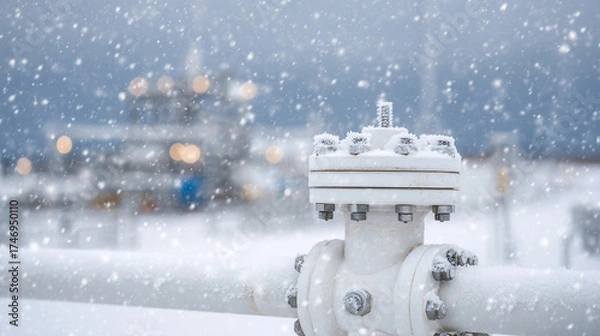 Fototapeta Close-up of gas pipeline joint covered in snow, ice crystals on bolts and flanges, winter industrial environment