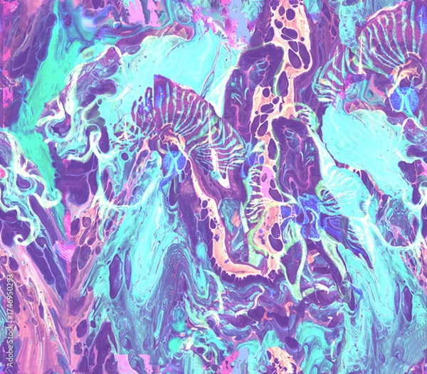 Fototapeta Abstract seamless pattern with liquid pouring of wavy light blue violet spots. Stylish combination of luxury contemporary art liquid acrylic texture.