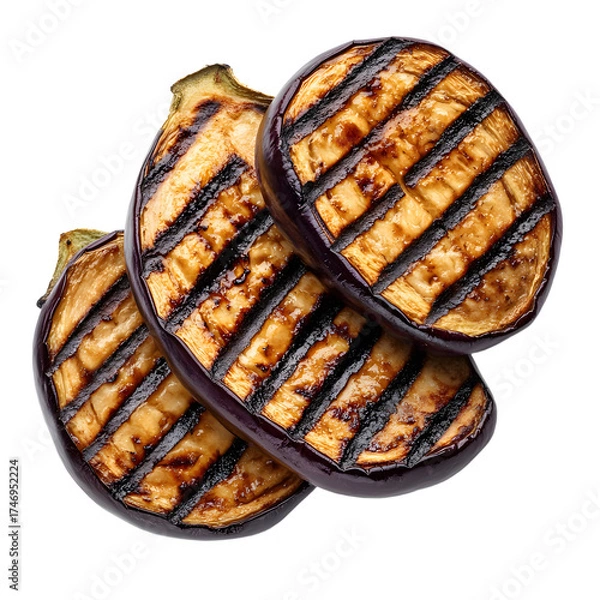 Fototapeta Grilled Eggplant Slices with Distinctive Crosshatch Pattern on Grill Grate