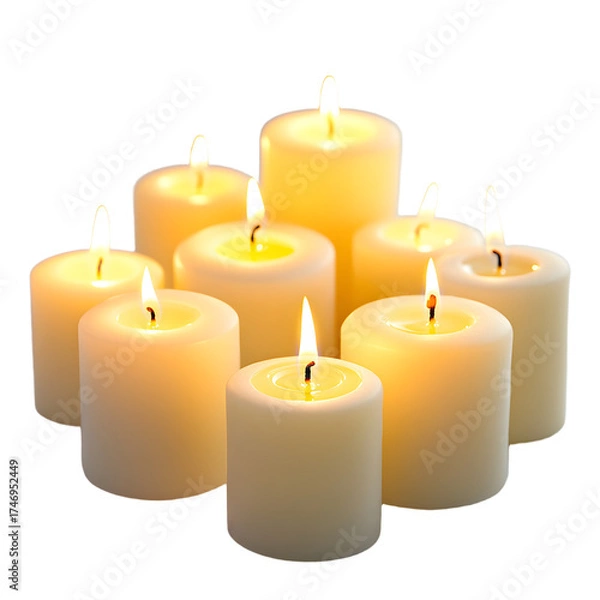 Fototapeta Elegant Group of Lit Candles on White Background for Ambiance and Decoration
