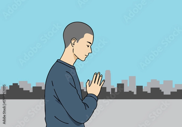 Fototapeta A young man meditates with a city skyline in the background. He?s in a contemplative pose, conveying peace and serenity. Modern illustration style.