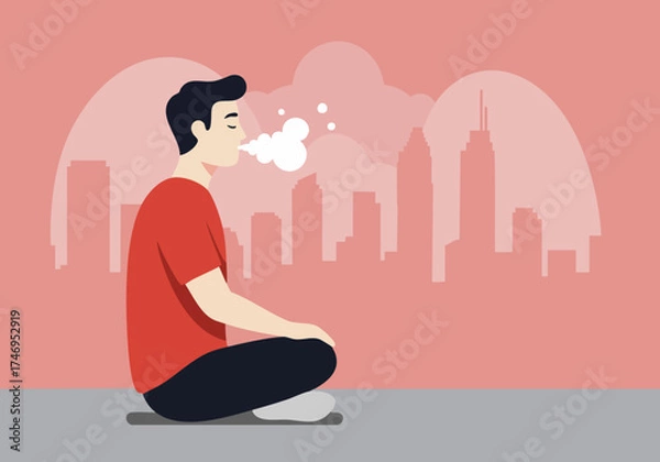 Fototapeta A young man meditates with a cityscape backdrop, exhaling a breath of air. Modern, minimalist illustration with soft colors and a calming atmosphere.