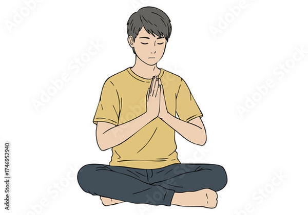 Fototapeta A young man meditates with hands together, conveying peace and mindfulness. Simple, serene illustration in a muted color palette. Suitable for wellness and relaxation themes.