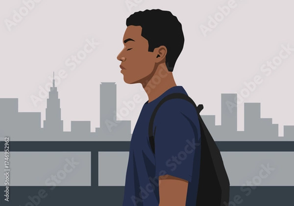 Fototapeta A young man pauses, taking a deep breath with eyes closed, overlooking a city skyline. Calm, contemplative, and stylish. Suitable for wellness and urban themes.