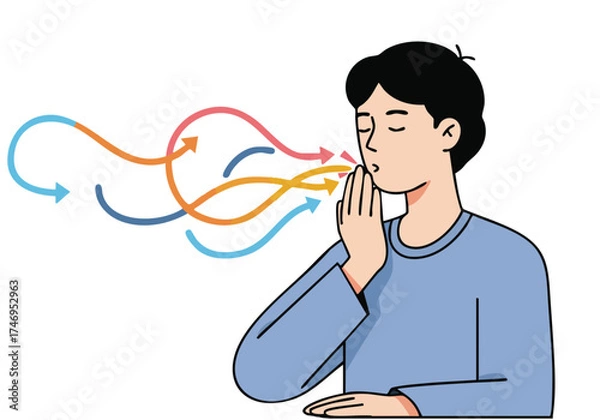 Fototapeta A young man practices energy sensing with closed eyes, surrounded by swirling colored lines. Illustrative, modern style. Focus on energy flow.