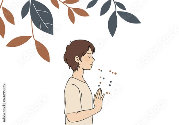 Fototapeta A young man practices mindful breathing, radiating calm. Soft colors and a simple illustration evoke serenity. Perfect for wellness and mindfulness themes.